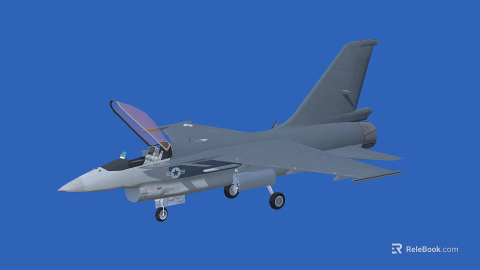 Gray Fighter Jet With Open Canopy Pilot Seat Landing Gear Down Against Blue Background 3d model 
