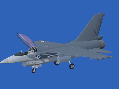 Gray Fighter Jet With Open Canopy Pilot Seat Landing Gear Down Against Blue Background 3d model