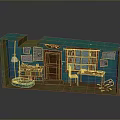 Miniature Room Model With Teal Walls Red Curtains Table Chair Bookshelf Blue Mat And Posters
