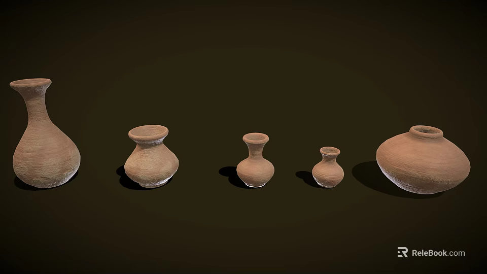 Handcrafted Ceramic Vessels Arranged in Various Sizes Shapes and Earthy Brown Tones on Dark Background 3d model 
