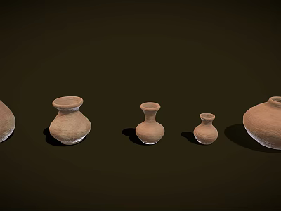 Handcrafted Ceramic Vessels Arranged in Various Sizes Shapes and Earthy Brown Tones on Dark Background 3d model