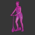 Woman in pink T-shirt and denim overalls shorts riding electric scooter against plain grey background
