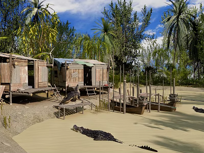 Scenic Riverside View with Wooden Huts Palm Trees and Crocodiles in Shallow Water 3d model