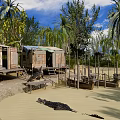 Scenic Riverside View with Wooden Huts Palm Trees and Crocodiles in Shallow Water