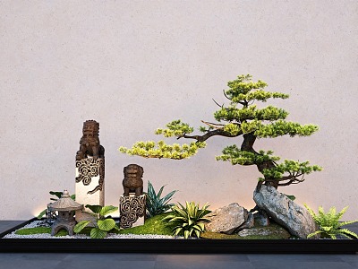 New Chinese style courtyard sketch landscape modeling tree courtyard landscaping bolt horse pillar stone lamp model