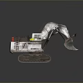 Industrial Excavator Featuring Tracks Mechanical Arm Bucket Red Components Yellow Label And Metal Build