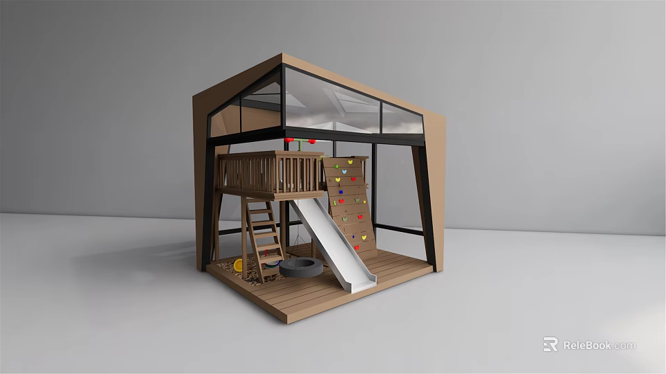 Kids Wooden Play Equipment with Transparent Roof Ladder Slide and Colorful Climbing Wall 3d model 