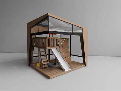 Kids Wooden Play Equipment with Transparent Roof Ladder Slide and Colorful Climbing Wall 3d model