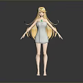Game Anime Character With Blonde Long Hair Light Blue Dress Green Gem Necklace