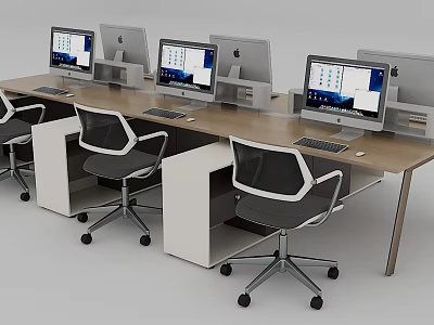 Modern Office Desk Workspace With Multiple Computers And Ergonomic Chairs 3d model