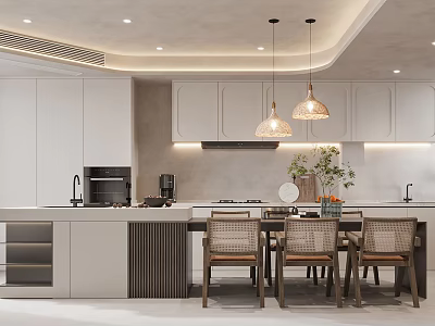 Modern Kitchen Interior Design With Open Layout White Cabinets Island Pendant Lights And Dining Table 3d model