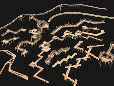 Detailed Intricate Geometric Architectural Model With Interconnected Wooden Paths And Platforms 3d model