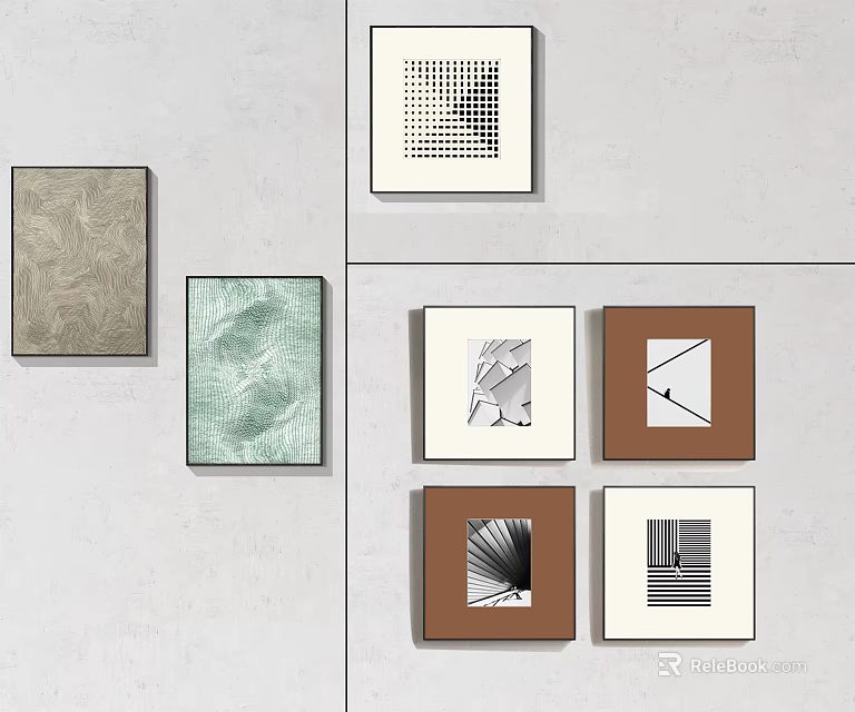 Modern Framed Wall Art Collection With Various Abstract Patterns On Gray Wall 3d model 