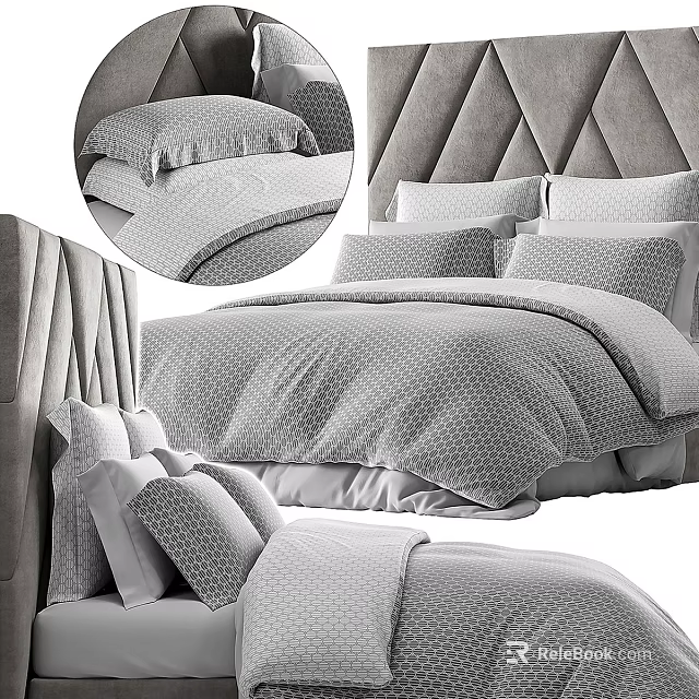 Modern Double Bed Setup With Tufted Headboard Gray Textured Bedding And Plush Pillows 3d model 
