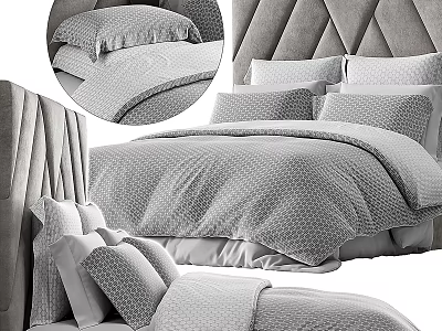 Modern Double Bed Setup With Tufted Headboard Gray Textured Bedding And Plush Pillows 3d model