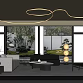 Modern Living Room With Large Windows Green Garden View White Sofa And Curved Chandelier