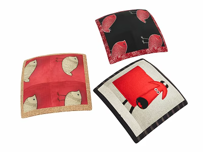 Red Black Decorative Pillows With Fish Leaf And Cartoon Character Prints 3d model