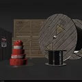 Public Facilities Including Traffic Cones Wooden Crates Cable Reels And Metal Barriers