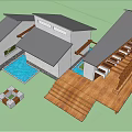 Guesthouse Building With Grey Roof White Walls Green Lawn Trees And Wooden Terrace