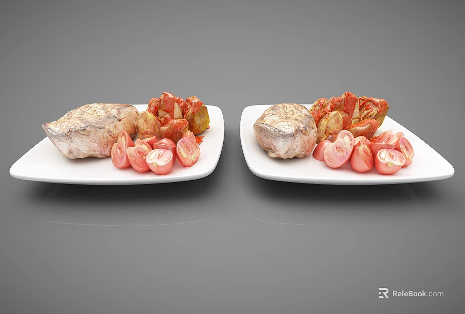 Two Plates of Grilled Meat with Sliced Tomatoes and Roasted Vegetables 3d model 