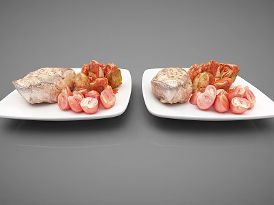 Two Plates of Grilled Meat with Sliced Tomatoes and Roasted Vegetables 3d model