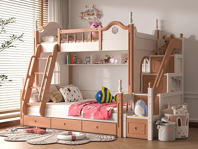 Kids Bunk Bed With Ladder Drawer Storage And Playful Decorative Toys 3d model