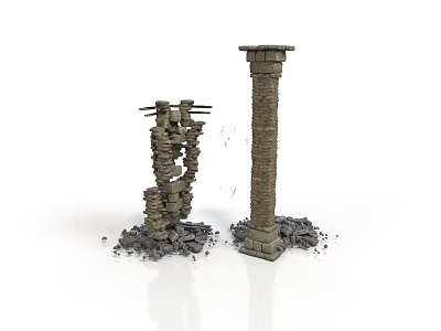 Modern Scene Featuring Two Stone Columns One Standing and One Collapsed with Debris 3d model