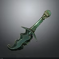 Green Serrated Sword With Golden Hilt And Metallic Reflective Surface Design