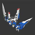 Blue White Mecha Model with Green Red Accents Large Blades in Dynamic Action Pose