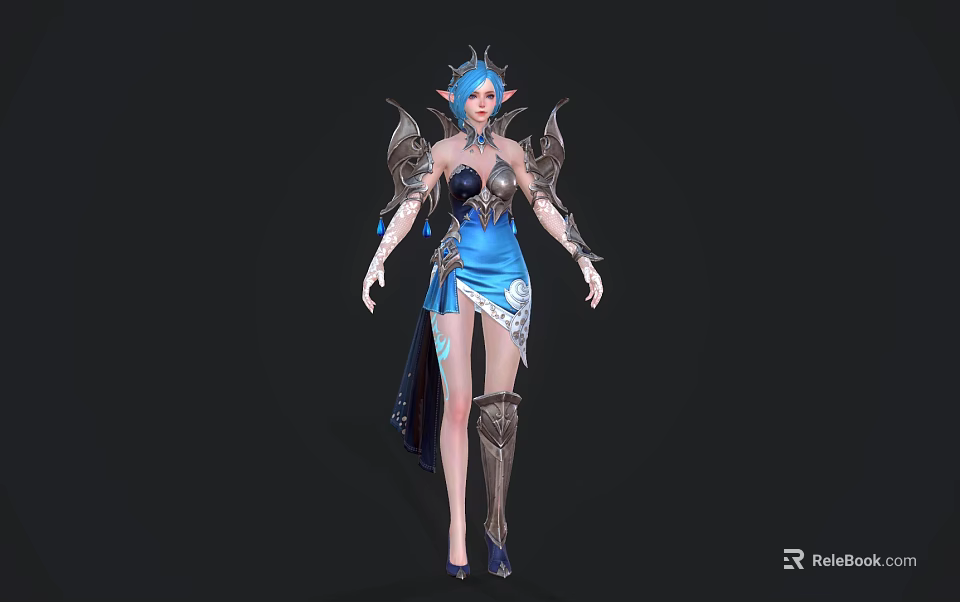 Fantasy Woman with Blue Hair Wearing Ornate Crown and Elegant Blue Dress with Armor Details 3d model 