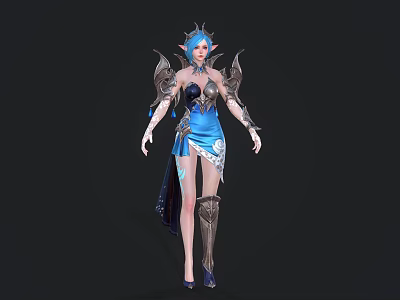 Fantasy Woman with Blue Hair Wearing Ornate Crown and Elegant Blue Dress with Armor Details 3d model