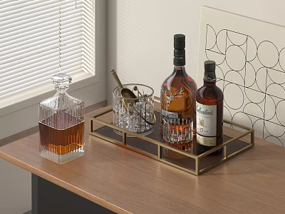 Wooden Table With Golden Tray Holding Whiskey Bottles Glass And Bar Spoon Near Window Blinds 3d model