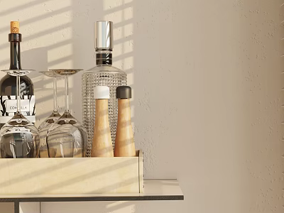 Elegant Wine Bottles And Glasses On Wooden Tray With Sunlit Shadows Against Textured Wall 3d model