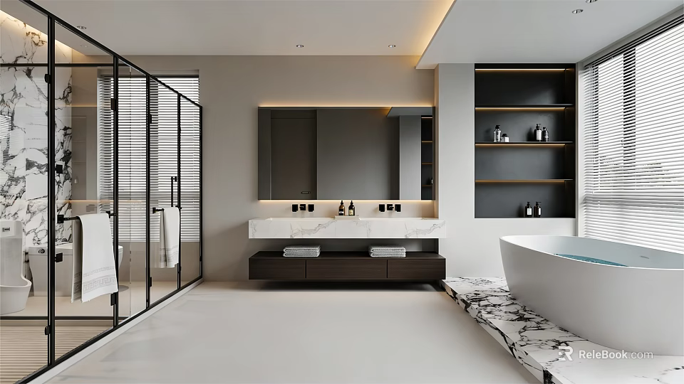 Modern Bathroom Interior With Double Vanity Marble Countertop Glass Shower And Freestanding Bathtub 3d model 