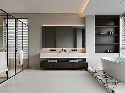 Modern Bathroom Interior With Double Vanity Marble Countertop Glass Shower And Freestanding Bathtub 3d model
