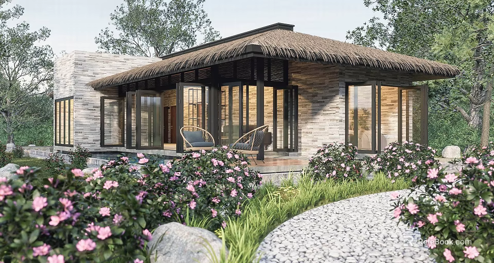 Scenic Rustic Villa With Thatched Roof Stone Exterior Large Glass Windows And Outdoor Seating 3d model 