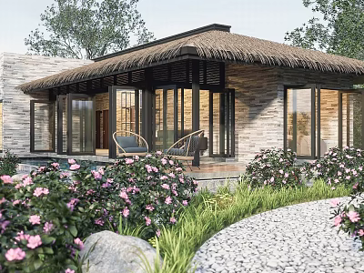 Scenic Rustic Villa With Thatched Roof Stone Exterior Large Glass Windows And Outdoor Seating 3d model