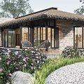 Scenic Rustic Villa With Thatched Roof Stone Exterior Large Glass Windows And Outdoor Seating