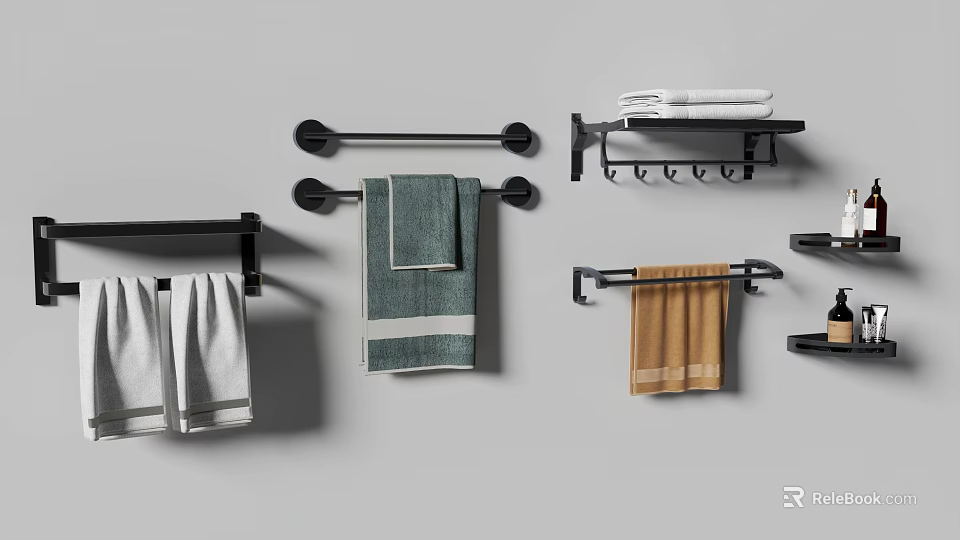 Modern Bathroom Cabinet Rack With Wall Mounted Towel Holders And Hanging Towels 3d model 
