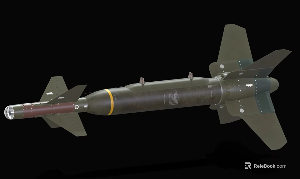 Green Military Bomb With Yellow Stripe Tail Fins And Aerial Warfare Design 3d model 