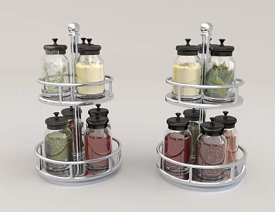 Two Tiered Metal Spice Racks With Glass Jars Holding Various Kitchen Spices 3d model