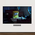 Wall Mounted TV Displaying SpongeBob Sitting at Table With Cup in Modern Room