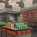 Traditional Chinese Tea Store Interior With Product Shelves Hanging Lamps Tasting Area And Decor