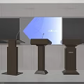 Wooden Podiums With Microphones In Front Of Large Screen With Blue Geometric Design