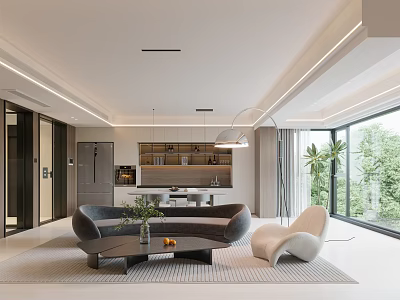 Modern Living Dining Room Interior With Sofa Coffee Table And Large Windows Plants 3d model