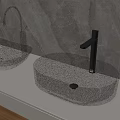 Blue Brown Oval Glass Washbasins On White Countertop With Marble Wall And Metal Faucets