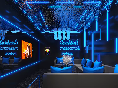 Modern KTV Interior Design With Blue Neon Lights Comfortable Sofas And LED Screens 3d model
