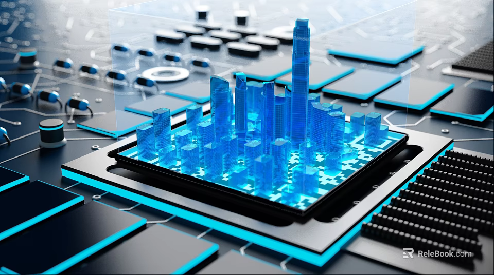 Modern Commercial Equipment With 3D Blue City Model On Circuit Board Technology 3d model 