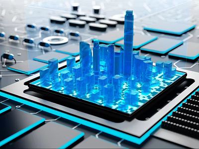 Modern Commercial Equipment With 3D Blue City Model On Circuit Board Technology 3d model