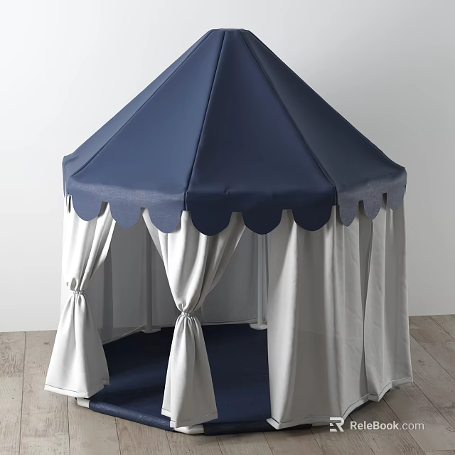 Blue Canopy Tent With White Curtains And Scalloped Edge On Wooden Floor 3d model 